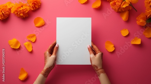Hands with mehndi holding blank white card surrounded by petals on vibrant pink.