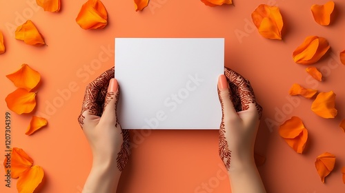 Mehndi-adorned hands holding white card with orange petals on bold pink backdrop.