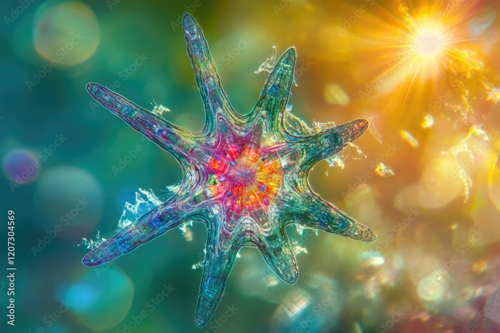 Microscopic view of a vibrant, star-shaped diatom with intricate details, showcasing its colorful structure. Microscopic view of a vibrant, star-shaped diatom with intricate details, showcasing its colorful structure.