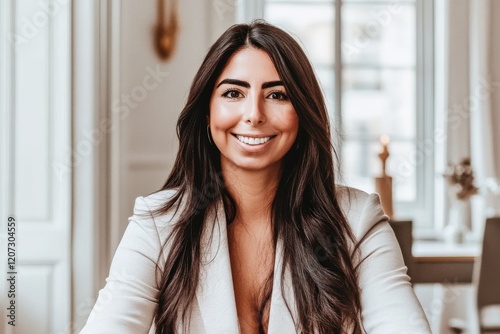 Confident Professional Woman with Long Dark Hair Smiling in an Elegant Office Setting Free Download Confident Professional Woman with Long Dark Hair Smiling in an Elegant Office Setting - GFXLoad
