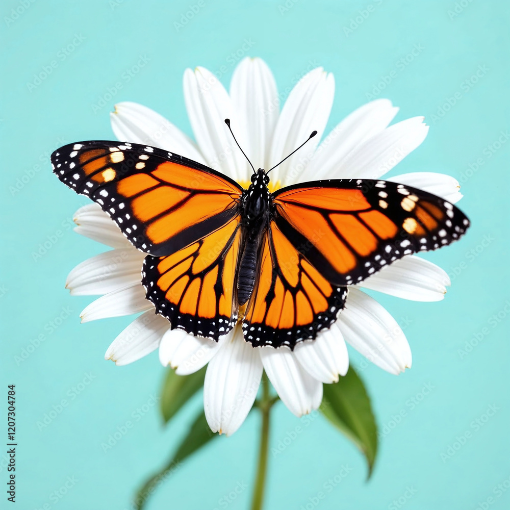 Obraz premium A butterfly is perched on a white flower. Concept of tranquility and beauty, as the delicate butterfly rests on the vibrant flower. The combination of the butterfly's bright colors