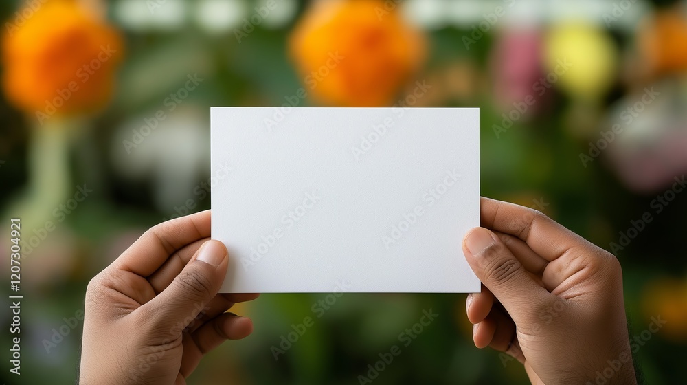 Hands holding blank white card with blurred floral background in vibrant colors. Hands holding blank white card with blurred floral background in vibrant colors.
