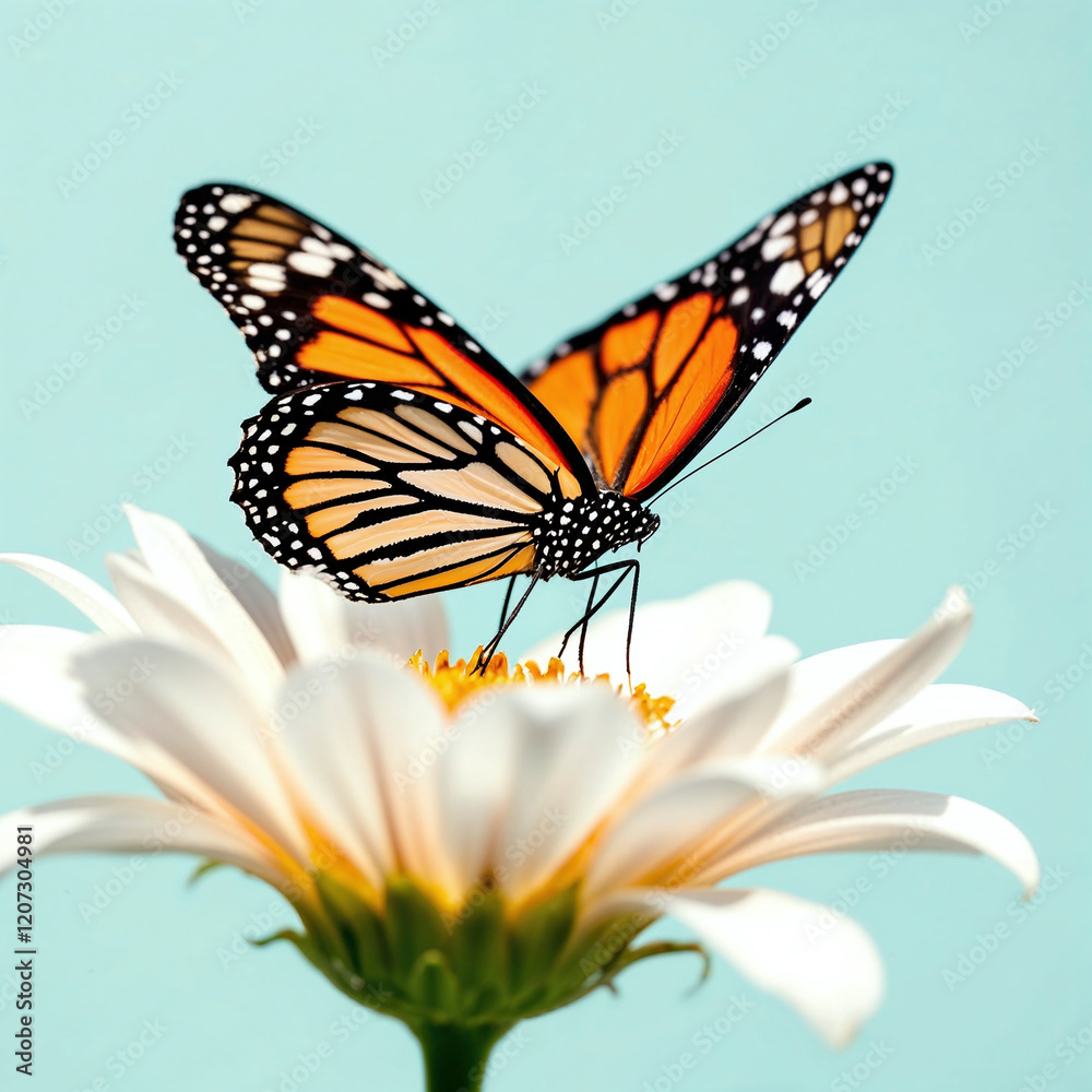 Fototapeta premium A butterfly is perched on a white flower. Concept of tranquility and beauty, as the delicate butterfly rests on the vibrant flower. The combination of the butterfly's bright colors