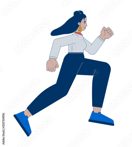 Hispanic professional woman running with determined expression 2D cartoon character. Business casual female empowerment isolated person flat vector on white background. Spot illustration colorful