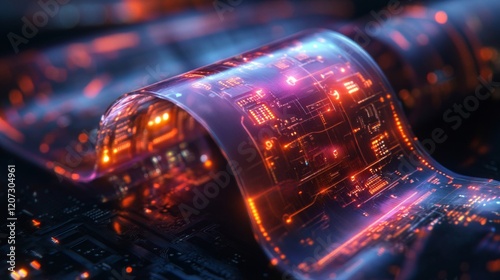 Flexible Circuit Board Glowing with Digital Data Streams