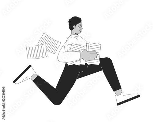 Arab businessman running with papers stack in hand black and white 2D line character. Documents flying behind office worker stressed isolated vector outline person. Monochromatic spot illustration