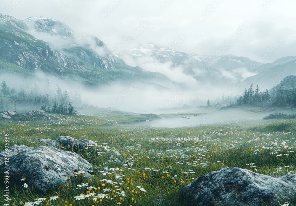 Obraz premium In a surreal setting, simple beauty is conveyed through grass and a misty sky background