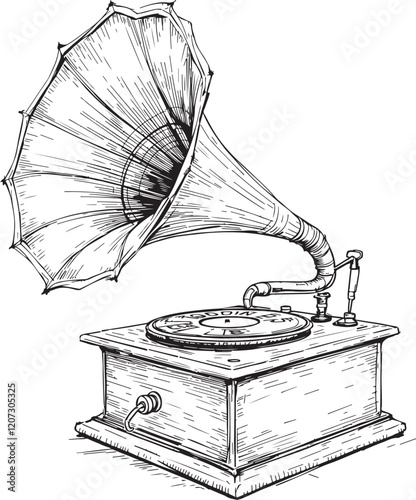 Retro Vintage Gramophone Phonograph Music Sketch Drawing Linear Engraving Vector Illustration