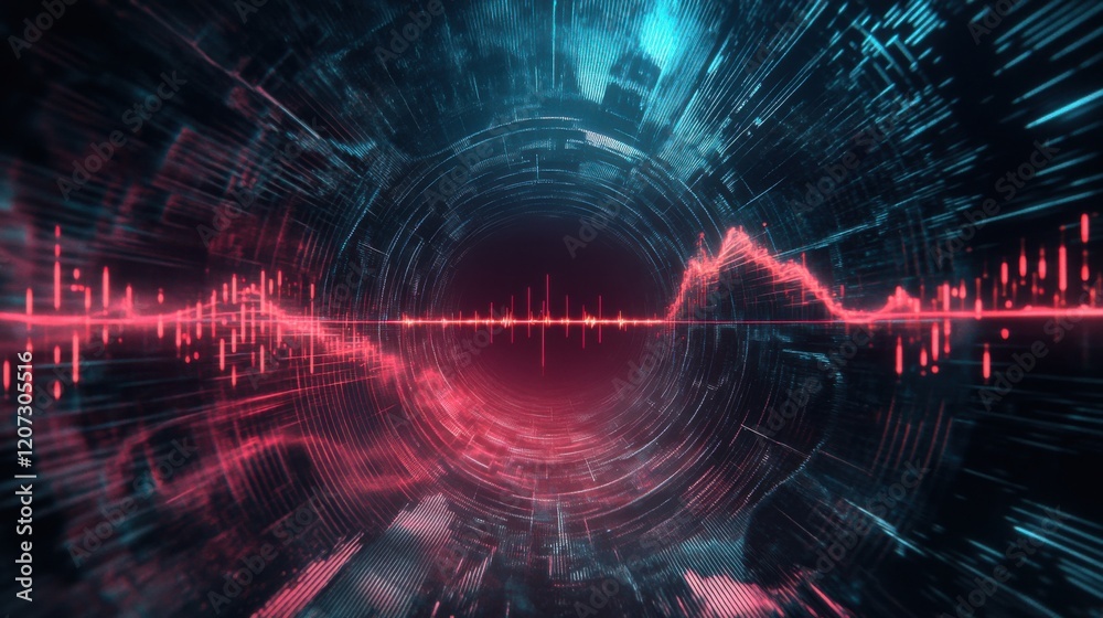 Fototapeta premium An audio visualizer effect with smooth, flowing sound waves and a central equalizer bar setup, creating a futuristic look
