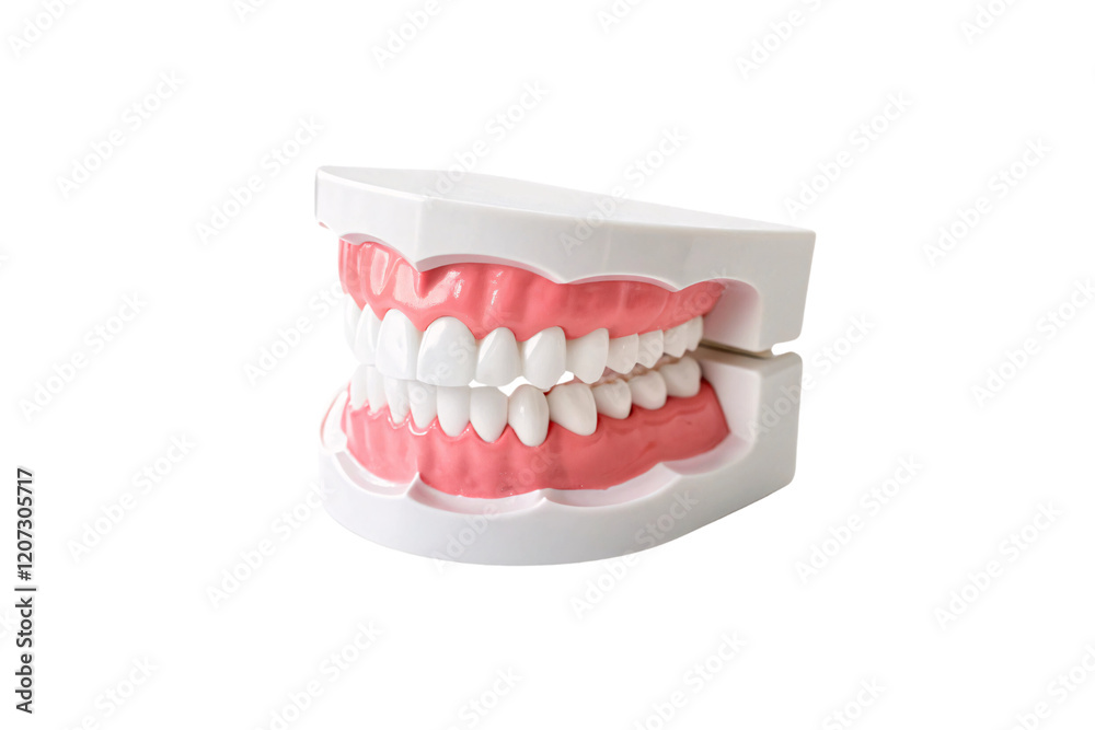 Obraz premium A dental model with realistic teeth, neatly set against a clean white background, combining aesthetics with educational purpose. Isolated on a transparent background