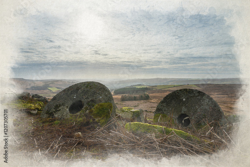 Digital watercolour painting of the Stanage Edge millstones in the Derbyshire Peak District National Park during winter. photo