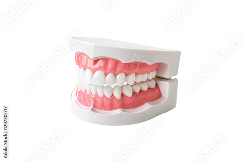 A dental model with realistic teeth, neatly set against a clean white background, combining aesthetics with educational purpose. Isolated on a transparent background