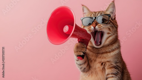 Energetic cat with megaphone studio humorous portrait playful environment close-up cheerful vibe