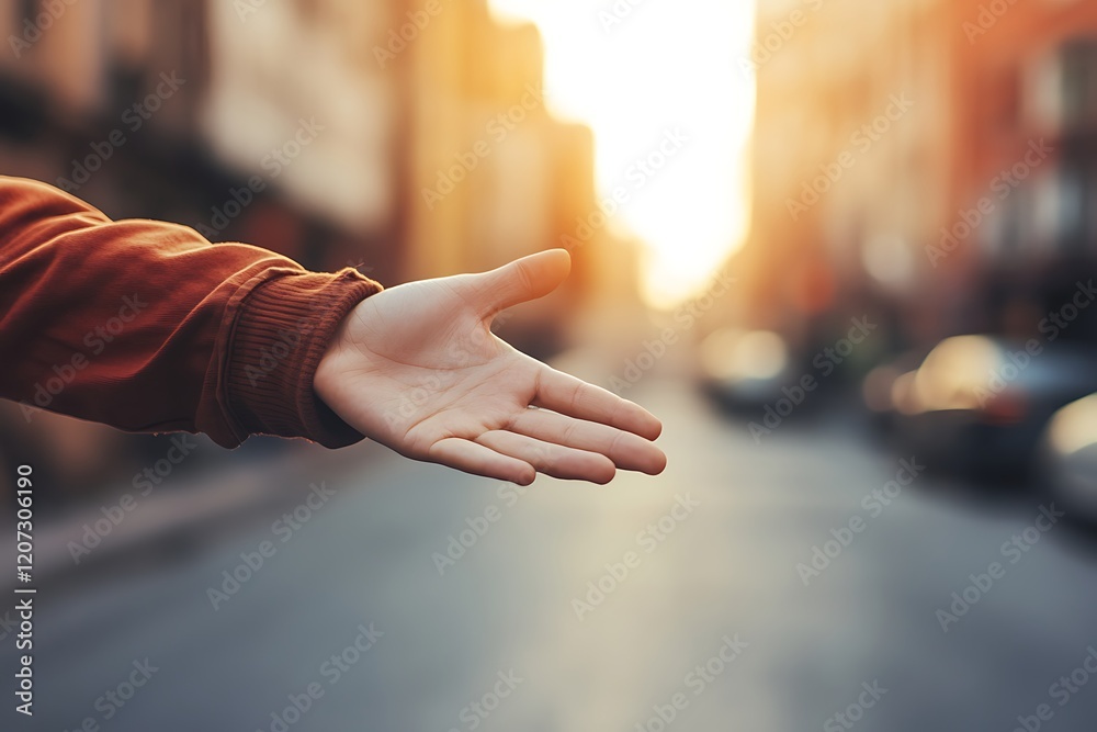 Obraz premium Open Hand Gesture in City Sunset