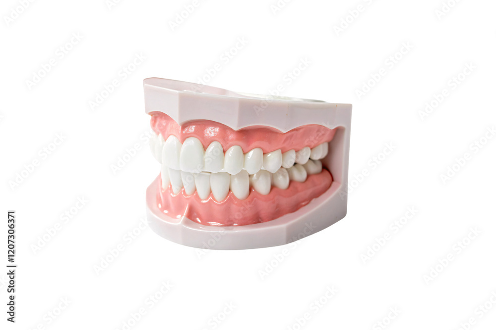 Obraz premium A lifelike dental model with white teeth and pink gums, ideal for illustrating oral health or teaching dental care. Isolated on a transparent background