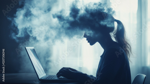 female office employee worker with brainfog while working. woman with notebook laptop and dark cloud around his head. blue dark office background photo