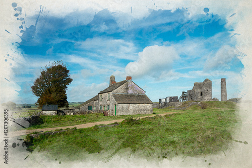 A digital watercolour illustration of Magpie mine near the village of Sheldon on a sunny autumn day in the Derbyshire Peak District, England, UK. photo