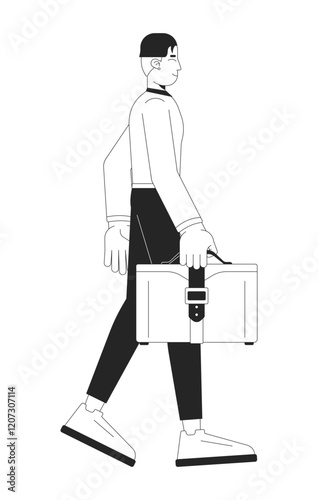 Asian businessman walking confidently with briefcase black and white 2D line character. Professional korean man business stride isolated vector outline person. Monochromatic spot illustration