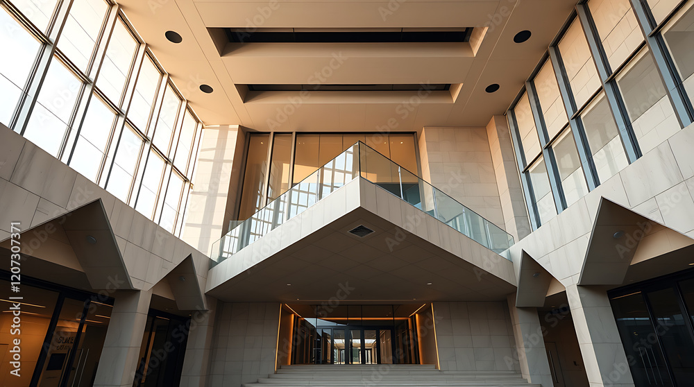 Obraz premium Modern Architectural marvel: A study in geometric lines, glass, and stone. The building's interior is a symphony of light and space, showcasing contemporary design at its finest.