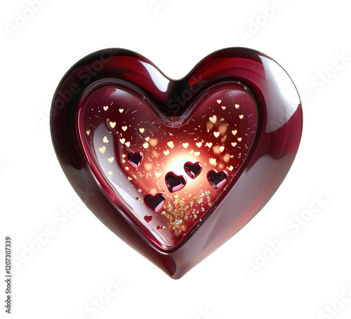 Heart shaped candy. Glossy Burgundy Heart with Floating Glitter and Transparent Background.