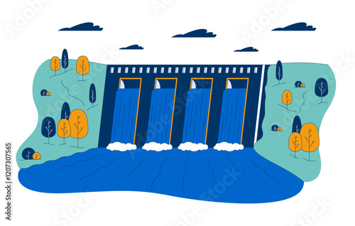 Hydroelectric dam with flowing water amid hills cartoon flat illustration. Hydro power. Renewable energy. Sustainable infrastructure 2D scene isolated on white background. Vector colorful image