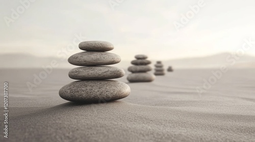 Balanced stones on sandy beach at sunset.