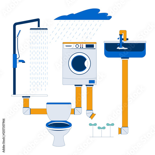 Greywater reuse system for domestic use 2D illustration concept. Shower, washer, sink, toilet and rainwater irrigation cartoon composition isolated on white. Metaphor abstract flat vector graphic