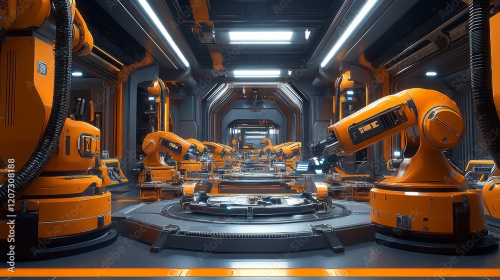 Futuristic Robotic Factory: Automated Assembly Line in a High-Tech Facility Futuristic Robotic Factory: Automated Assembly Line in a High-Tech Facility