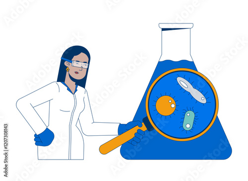 Microbiologist analyzing water sample 2D illustration concept. Female scientist in lab coat inspecting microorganisms cartoon character isolated on white. Metaphor abstract flat vector graphic