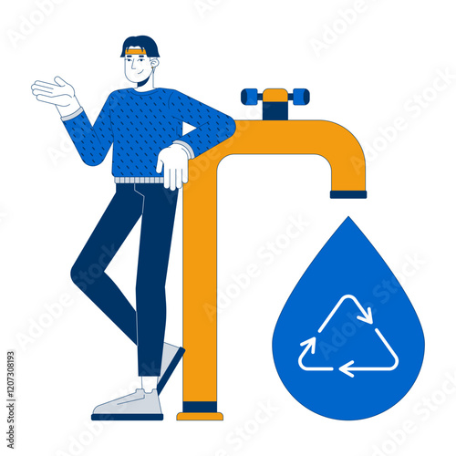 Water recycling system 2D illustration concept. Eco-friendly plumbing. Asian man standing next to faucet tap and waterdrop cartoon character isolated on white. Metaphor abstract flat vector graphic