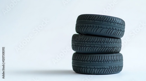 Three black car tires stacked on top of each other with detailed tread pattern isolated on white background for automotive and transportation use. photo