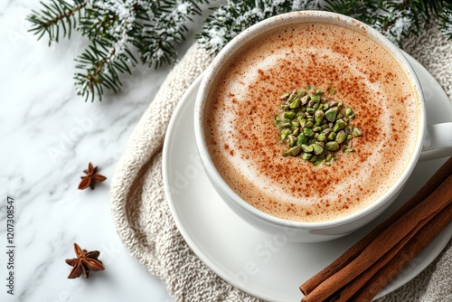 salep, sahlep, white cup Sahlep, Turkey's milk hot drink with cinnamon powder and antes Fist of autumn winter drink, marble background photo