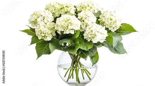Beautiful white hydrangea flowers in a clear glass vase with green leaves on white background for home decor and floral design.