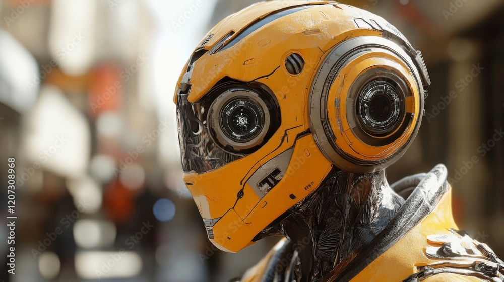 Close-up of Futuristic Robot in Urban Setting Close-up of Futuristic Robot in Urban Setting