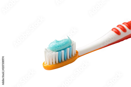Close-up of an orange and white toothbrush with blue and white bristles. A dollop of aqua-colored toothpaste rests on top. Isolated on a transparent background