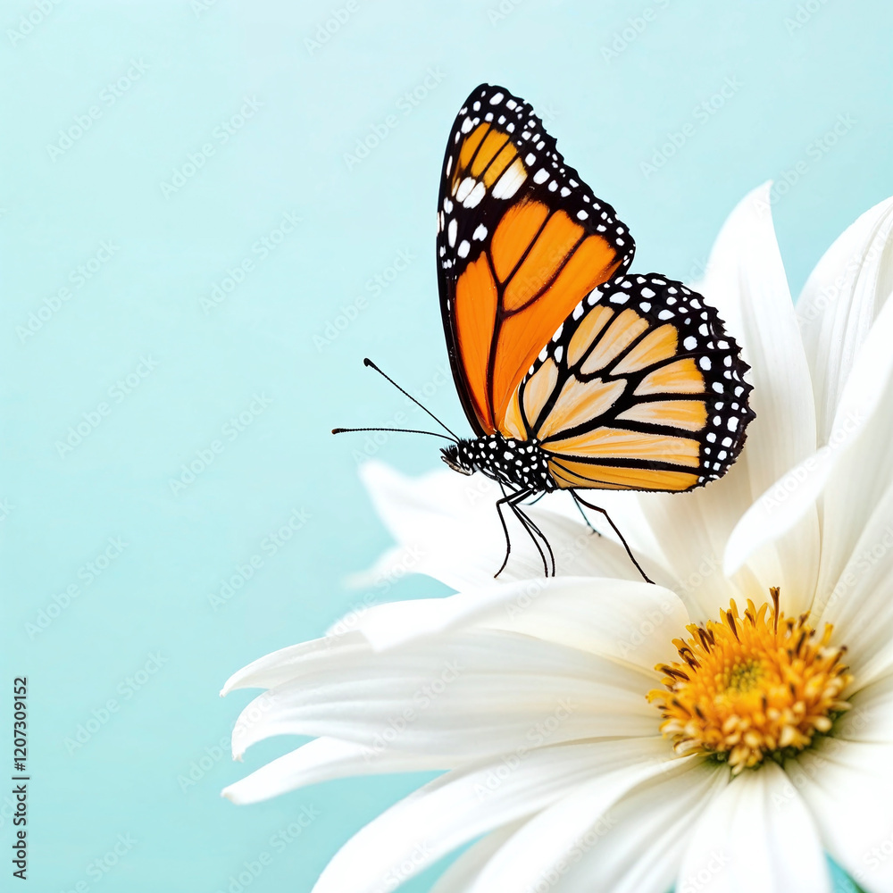 Obraz premium A butterfly is perched on a white flower. Concept of tranquility and beauty, as the delicate butterfly rests on the vibrant flower. The combination of the butterfly's bright colors