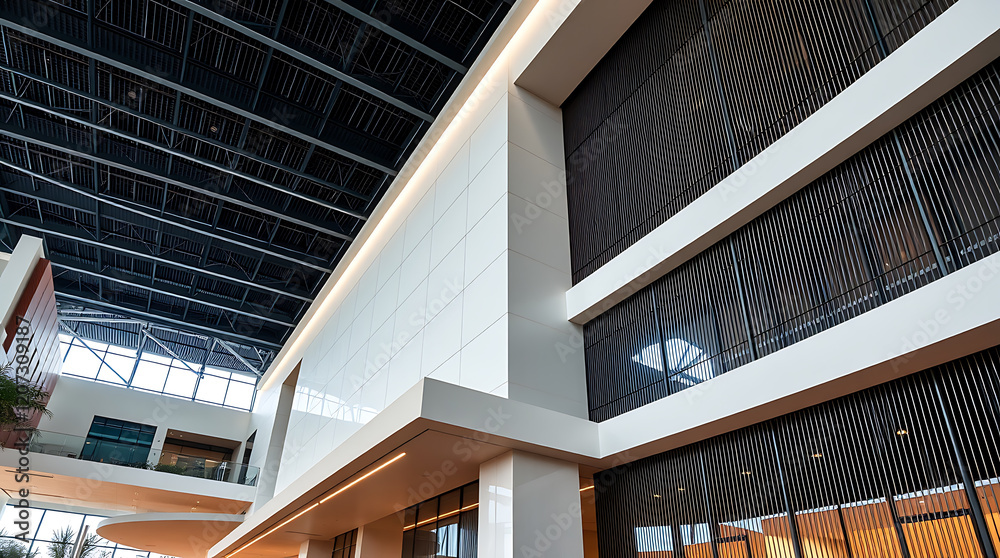 Fototapeta premium Modern Architectural Marvel: Sleek Lines and Geometric Design of a Contemporary Building Interior