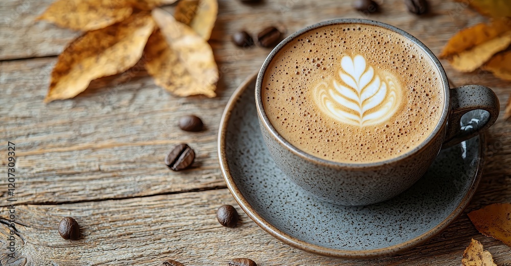 Close-up of a steaming cappuccino in a white coffee cup featuring heart-shaped latte art, set on a dark brown wooden table at a café, emphasizing the food and drink concept Close-up of a steaming cappuccino in a white coffee cup featuring heart-shaped latte art, set on a dark brown wooden table at a café, emphasizing the food and drink concept