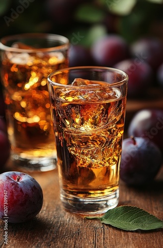 Slivovica, a hard liquor made from plums, is consumed in glasses placed on an aged wooden table, beside fresh plums, offering a clear area for extras photo