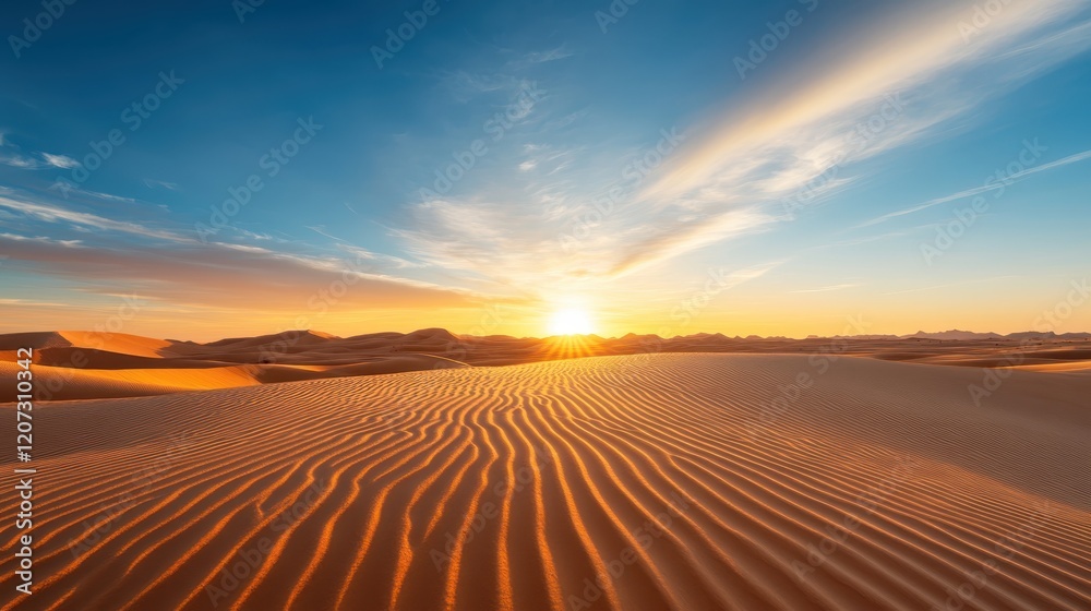 An awe-inspiring sunset casts golden light over intricately textured sand dunes, showcasing the artistic beauty of nature and its ever-changing landscape. An awe-inspiring sunset casts golden light over intricately textured sand dunes, showcasing the artistic beauty of nature and its ever-changing landscape.
