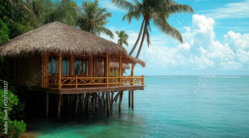 Fototapeta Naklejka Na Ścianę i Meble -  Stilted beach hut surrounded by clear blue waters and palm trees.