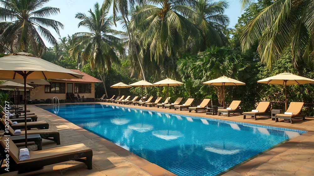 Fototapeta premium A swimming pool is surrounded by palm trees and lounge chairs with umbrellas. 