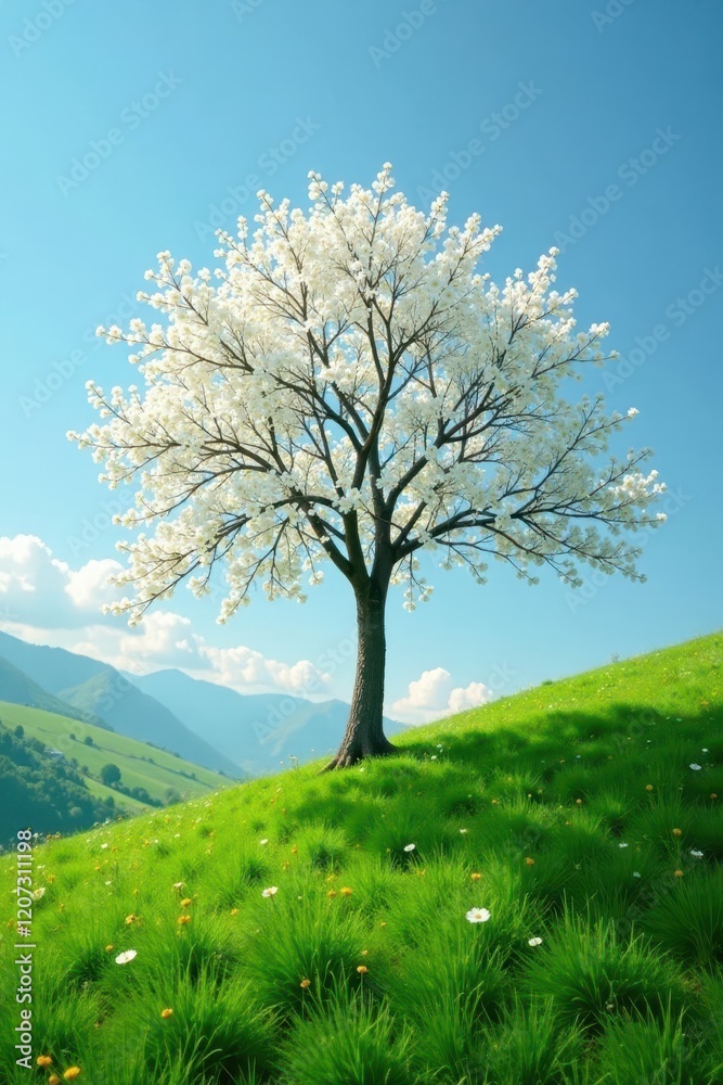Fototapeta premium Solitary white blossomed tree on a green hillside, nature, hillside solo tree blossoms