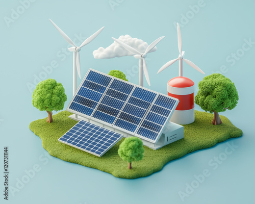 Sustainability project funding business. Aerial view of business campus powered by solar panels and wind turbines