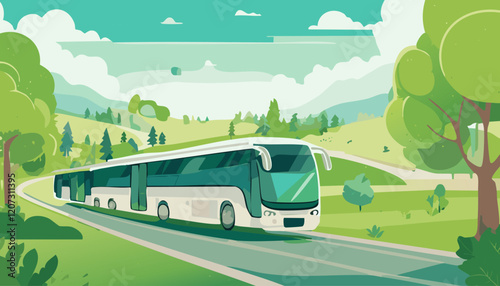 Vector illustration of a bus on the road in the green field.