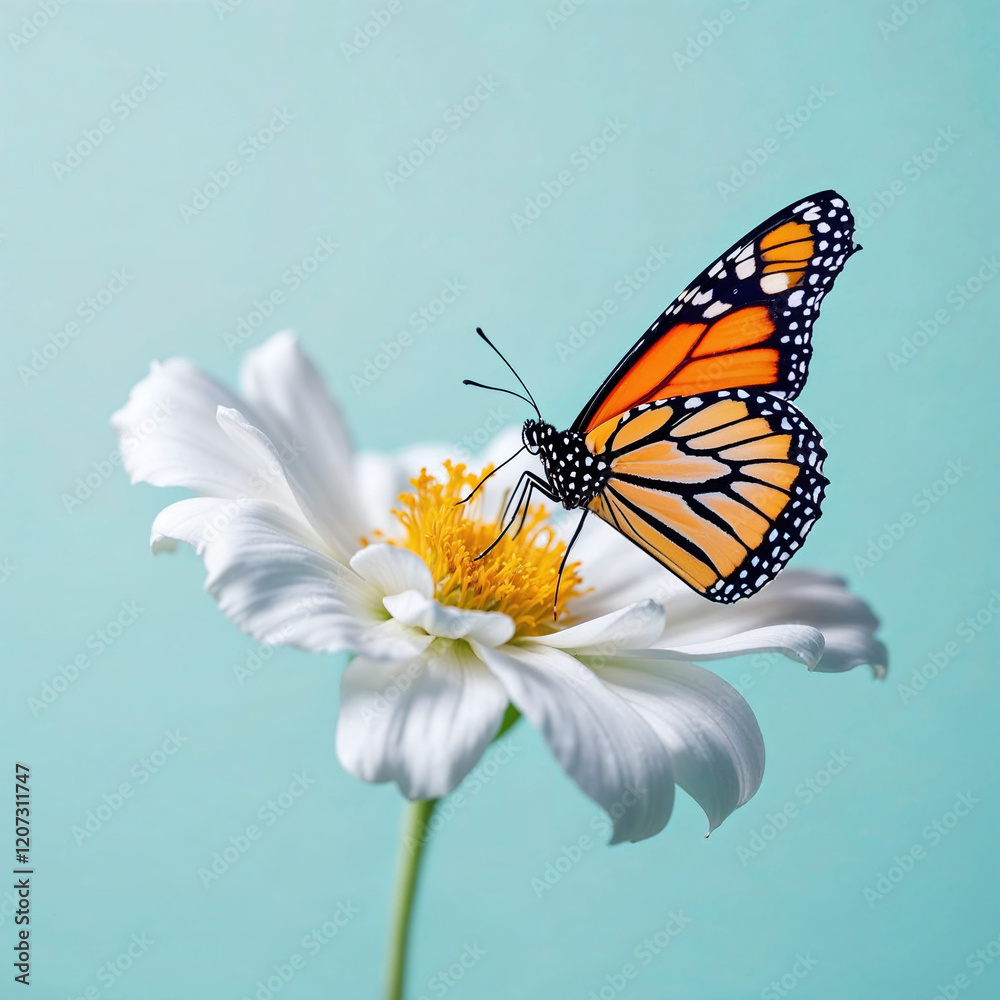 Obraz premium A butterfly is perched on a white flower. Concept of tranquility and beauty, as the delicate butterfly rests on the vibrant flower. The combination of the butterfly's bright colors