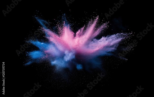 Black background with pink and blue powder explosion, high-resolution professional photograph, Super HD, colorful dust in the air, vibrant colors, dark purple-black gradient background,  photo