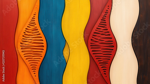 Wallpaper Mural DNA Bridging Past and Present Concept, Colorful wooden panels with unique wave patterns create vibrant design Torontodigital.ca