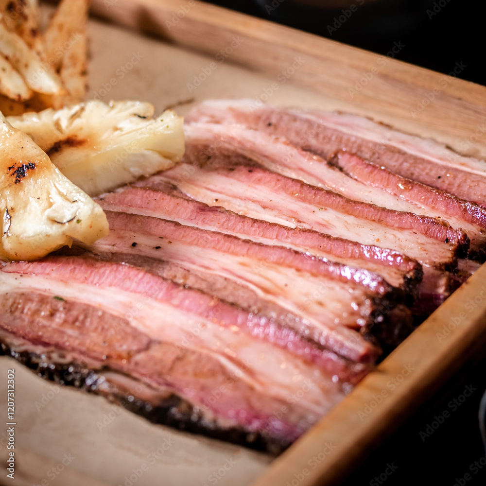 slice of Smoked Brisket on woodplate slice of Smoked Brisket on woodplate