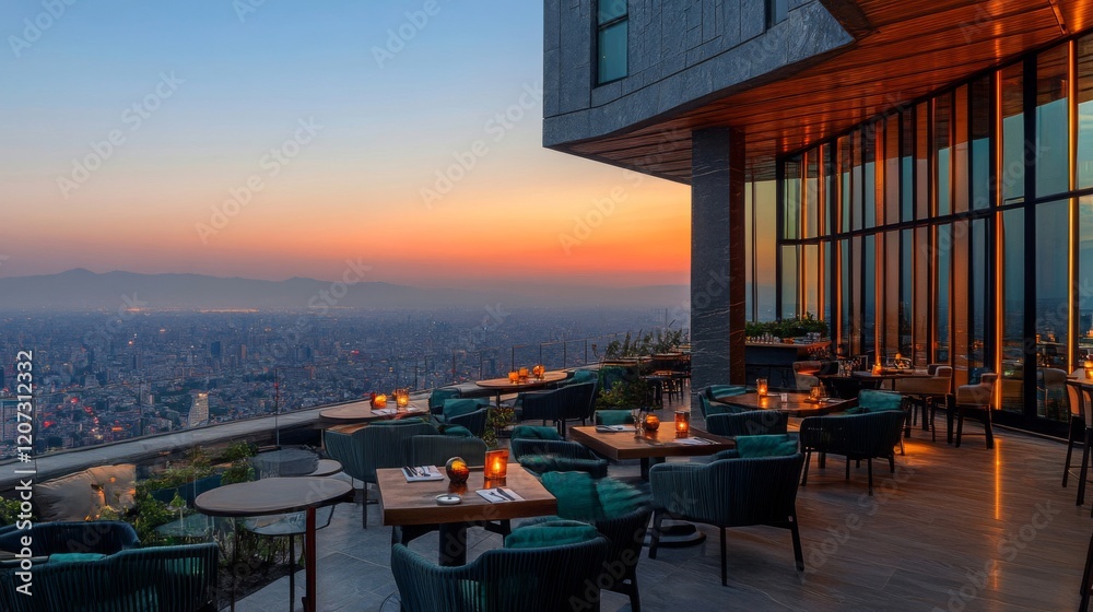 Fototapeta premium Rooftop Restaurant with Panoramic City Sunset View